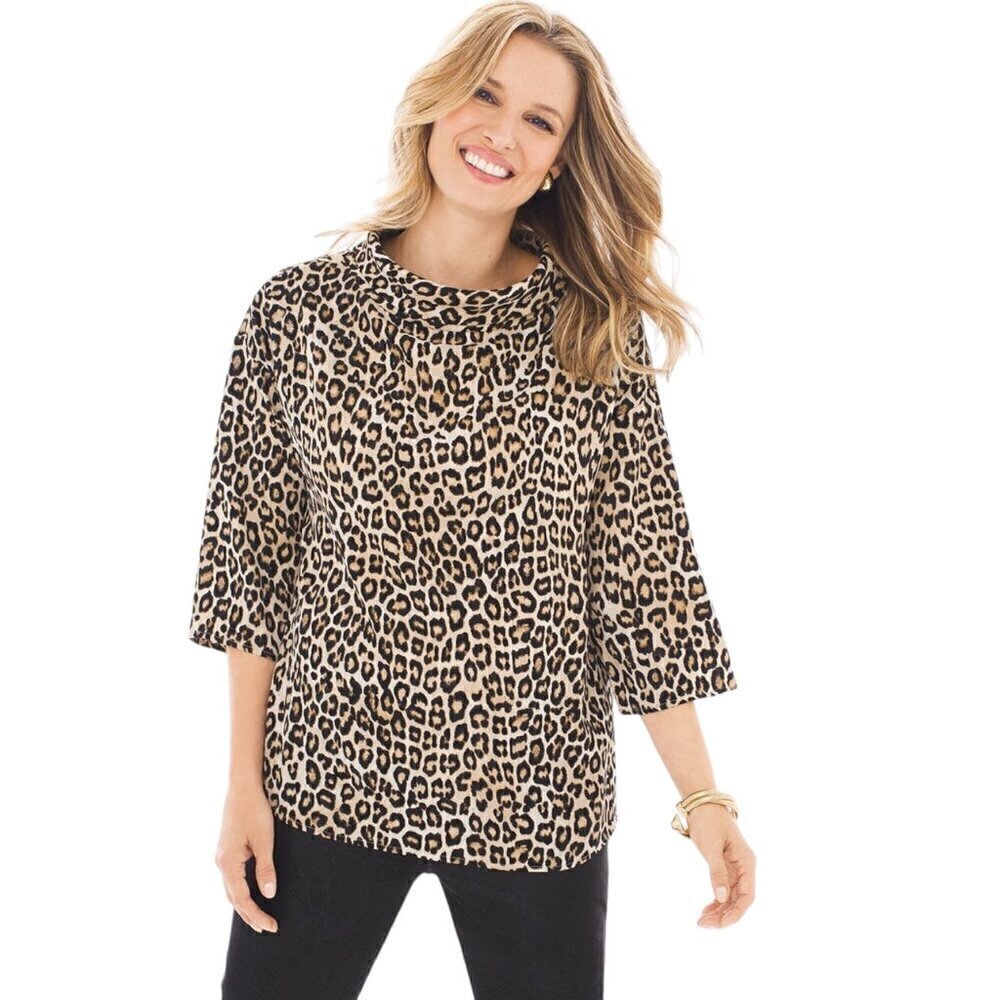 Chico's Animal Print Mock-Neck Top 3/4 Sleeve Straight Hip Length Hem Size S
